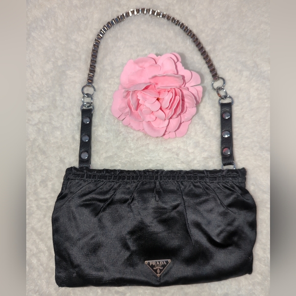 Prada Black Satin Pouch Authentic Converted To Shoulder Bag Edgy Silver Chain - Picture 2 of 11